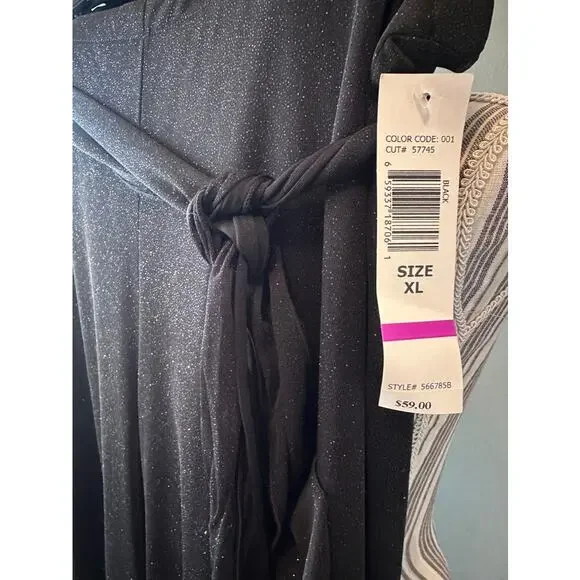 Onyx Nite Black Glitter Wide Leg Pants XL Wrap Tie Overlay Sheer Layer NWT - Picture 6 of 9